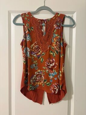 Daniel Rainn Rust Floral Crochet-Trim Sleeveless Top